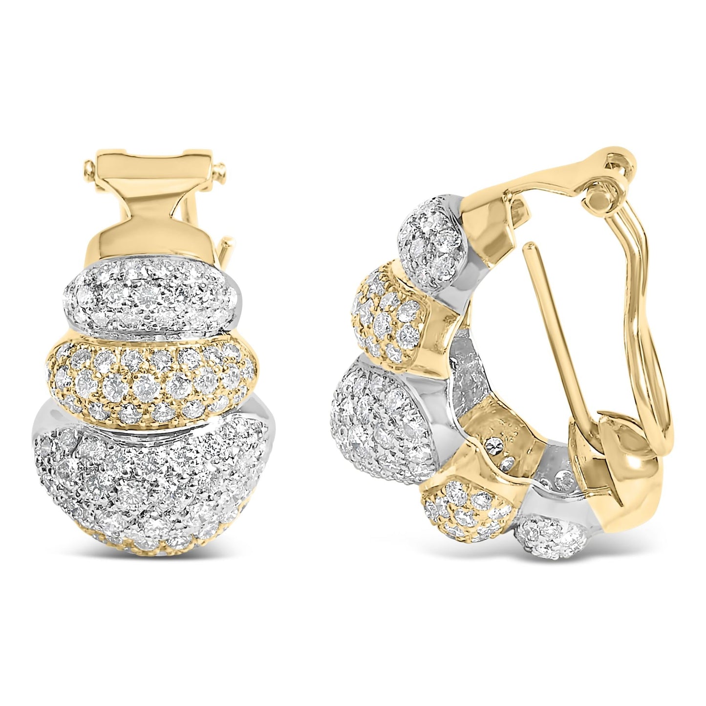 18K Two-Toned Gold 5.00 Cttw Diamond Three-tier Domed Button Omega Back Earrings (G-H Color, VS2-SI1 Clarity)