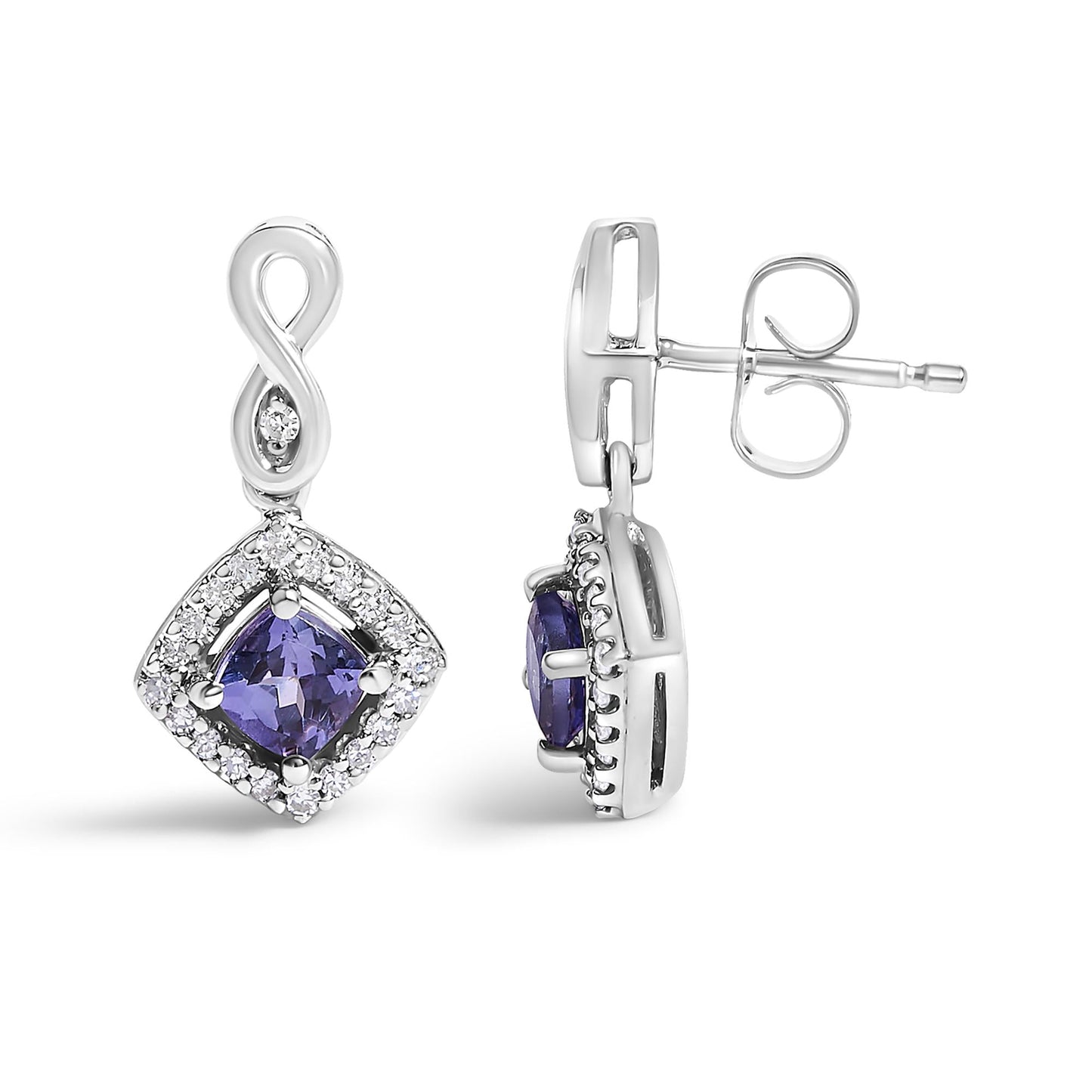 10K White Gold Blue Purple Tanzanite and Diamond Halo Cushion Shaped Drop Earrings (I-J Color, I1-I2 Clarity)