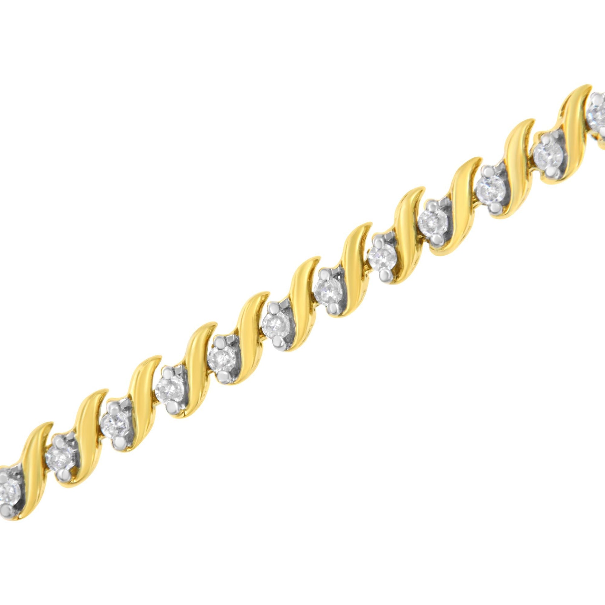 10K Yellow Gold Plated .925 Sterling Silver 1/2 Cttw 2-Prong Set Diamond S Link Tennis Bracelet (I-J Color, I3 Clarity)- 7.25"-2