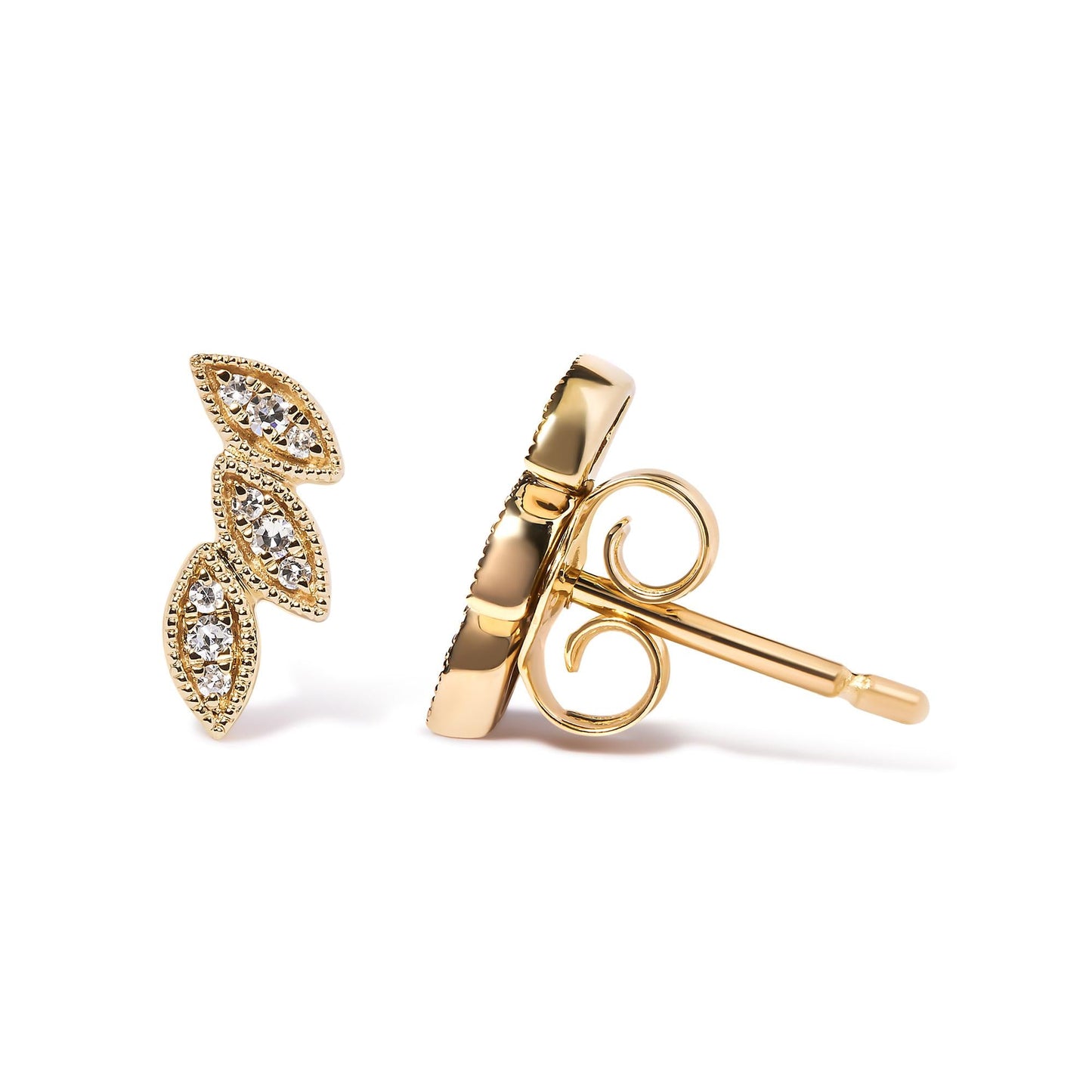 10K Yellow Gold 1/10 Cttw Diamond Triple Leaf Stud Earring (H-I Color, I1-I2 Clarity)-2