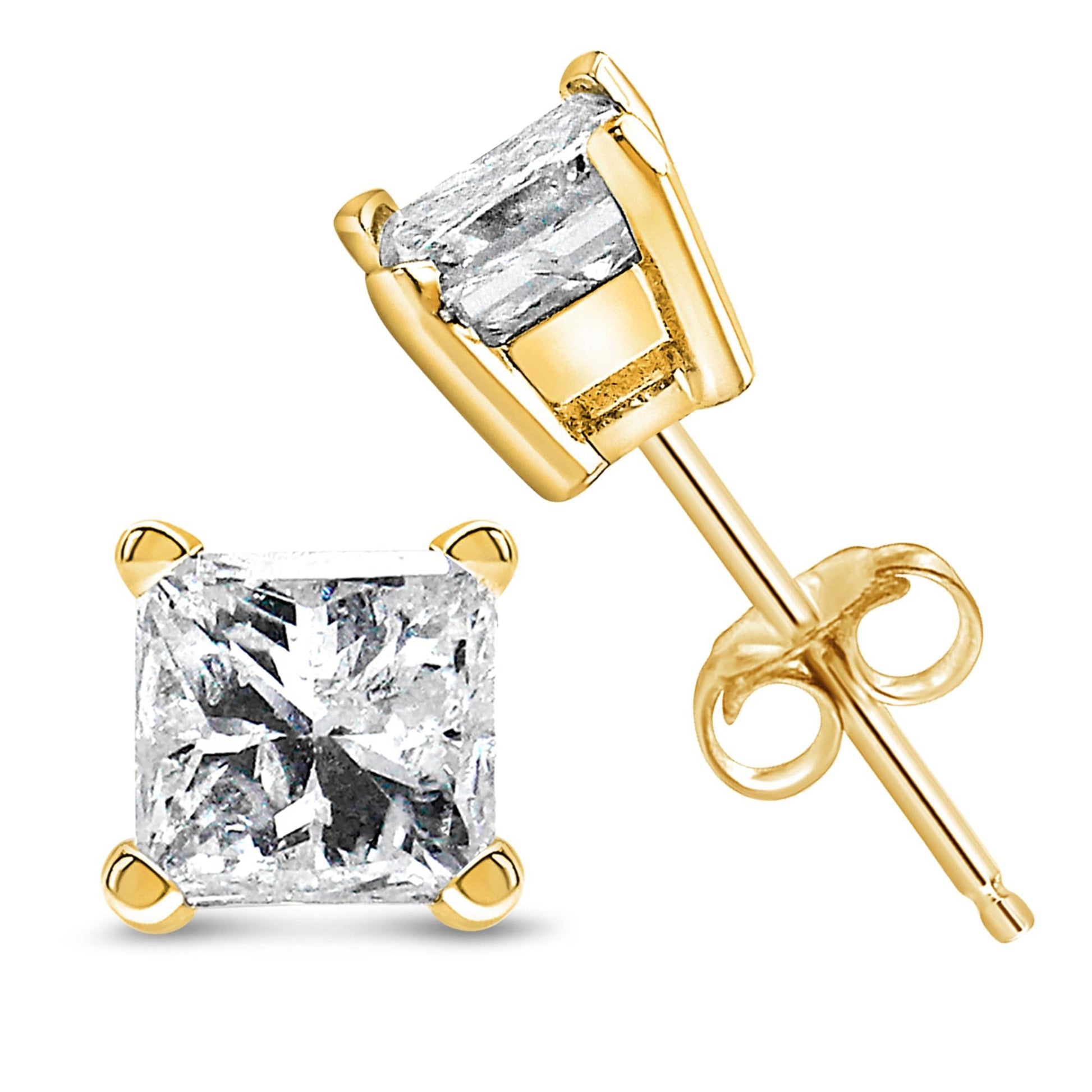 IGI Certified 14k Yellow Gold 1/2 cttw 4-Prong Set Princess-Cut Solitaire Diamond Push Back Stud Earrings (M-N Color, SI2-I1 Clarity)-2