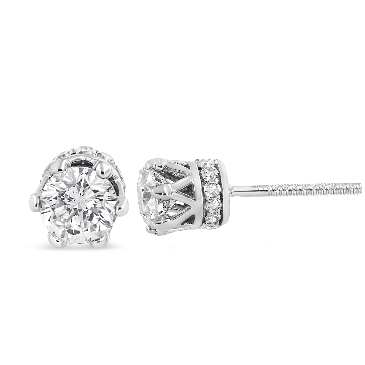 14K White Gold 2.0 Cttw Round Cut Prong-Set Diamond Crown Stud Earring (I-J Color, I1-I2 Clarity)-2