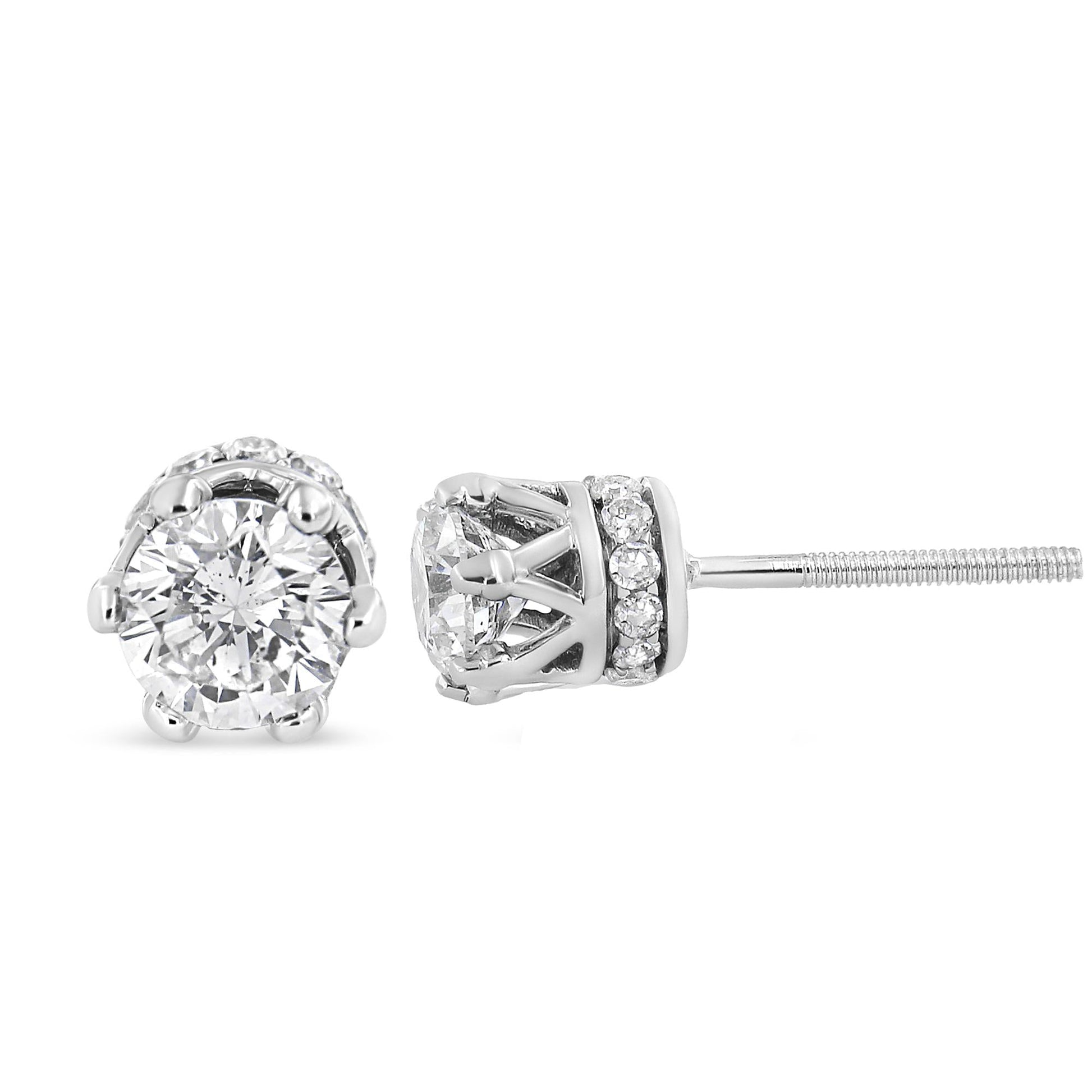 14K White Gold 2.0 Cttw Round Cut Prong-Set Diamond Crown Stud Earring (I-J Color, I1-I2 Clarity)-2