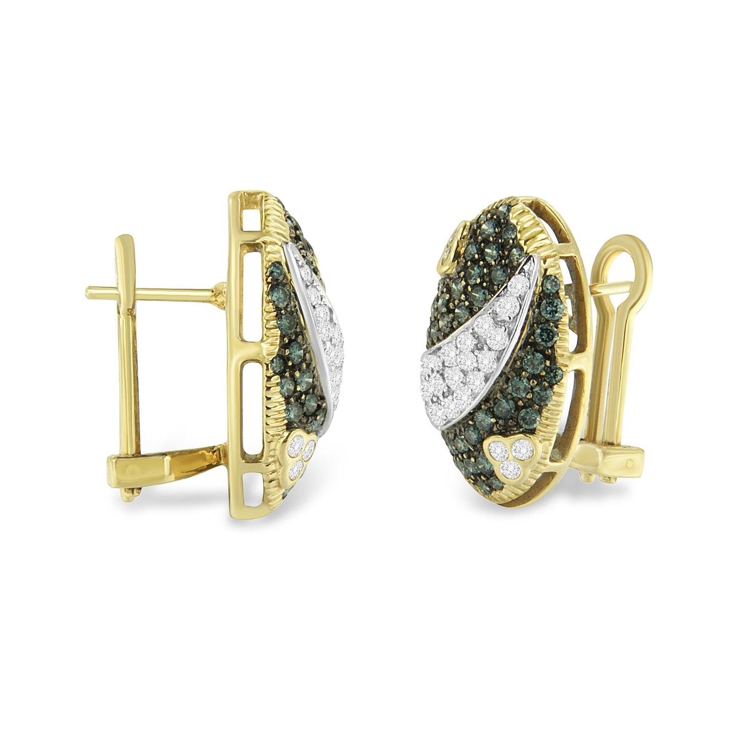 Black and White Rhodium over 14K Yellow Gold 2-1/10 Cttw White and Blue Diamond Oval Omega Back Stud Earrings (H-I and Blue Color, SI1-SI2 Clarity)-2