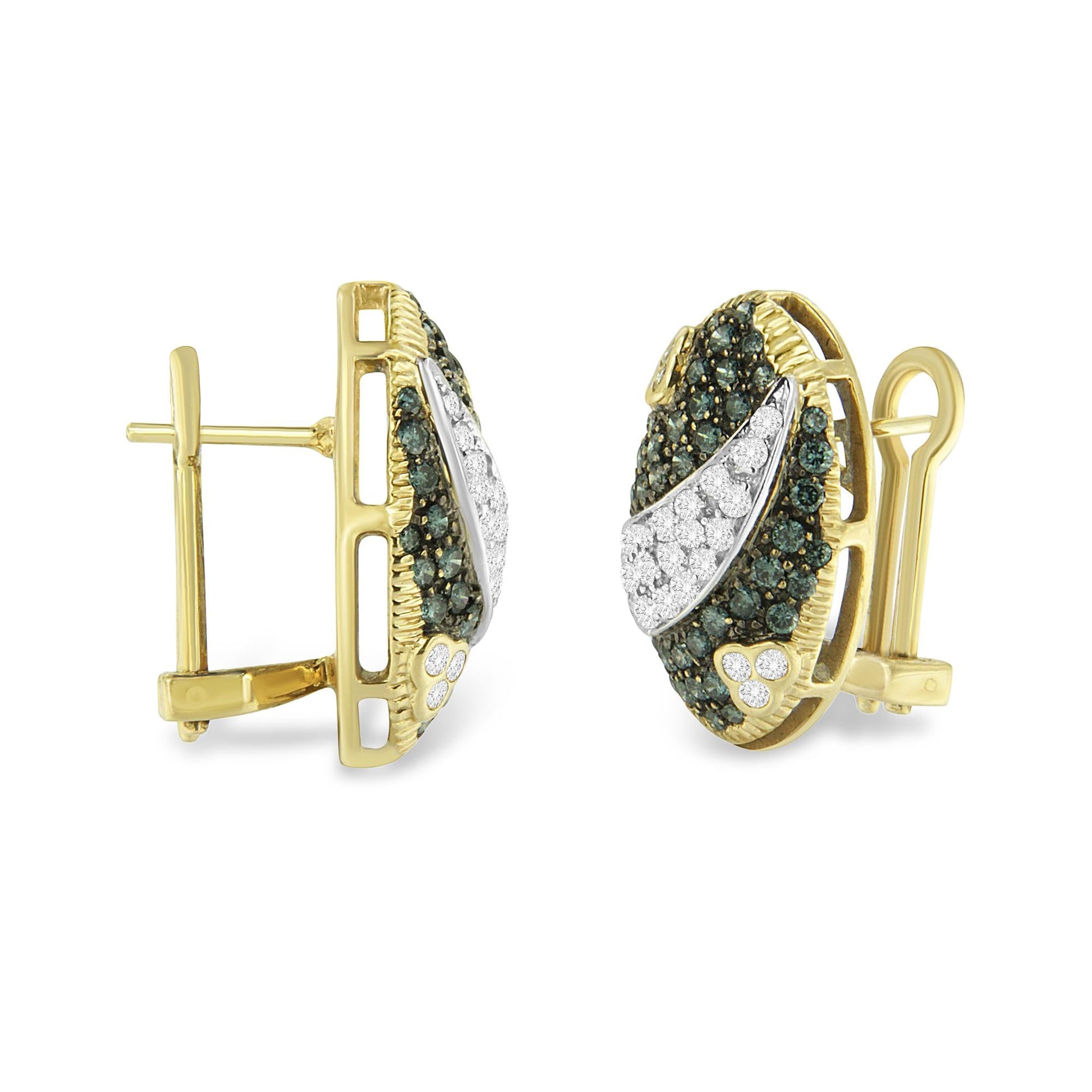 Black and White Rhodium over 14K Yellow Gold 2-1/10 Cttw White and Blue Diamond Oval Omega Back Stud Earrings (H-I and Blue Color, SI1-SI2 Clarity)-2