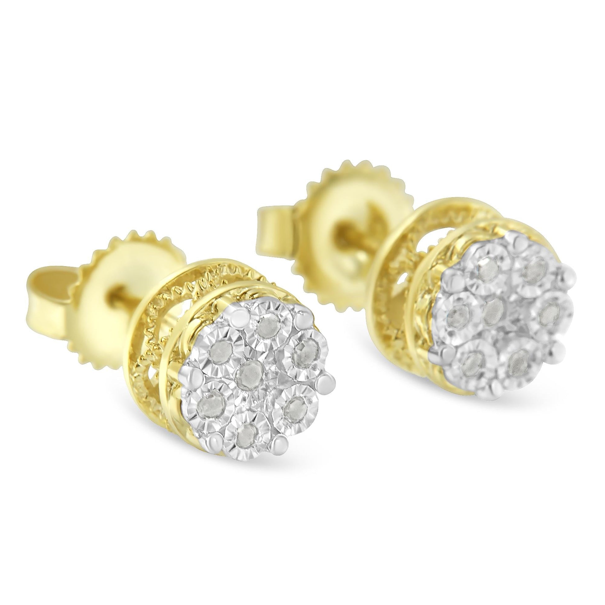 10K Yellow Gold over .925 Sterling Silver 1/7 Cttw Rose-Cut Miracle-Set Diamond Floral Cluster Button Stud Earrings (I-J Color, I3 Clarity)-2