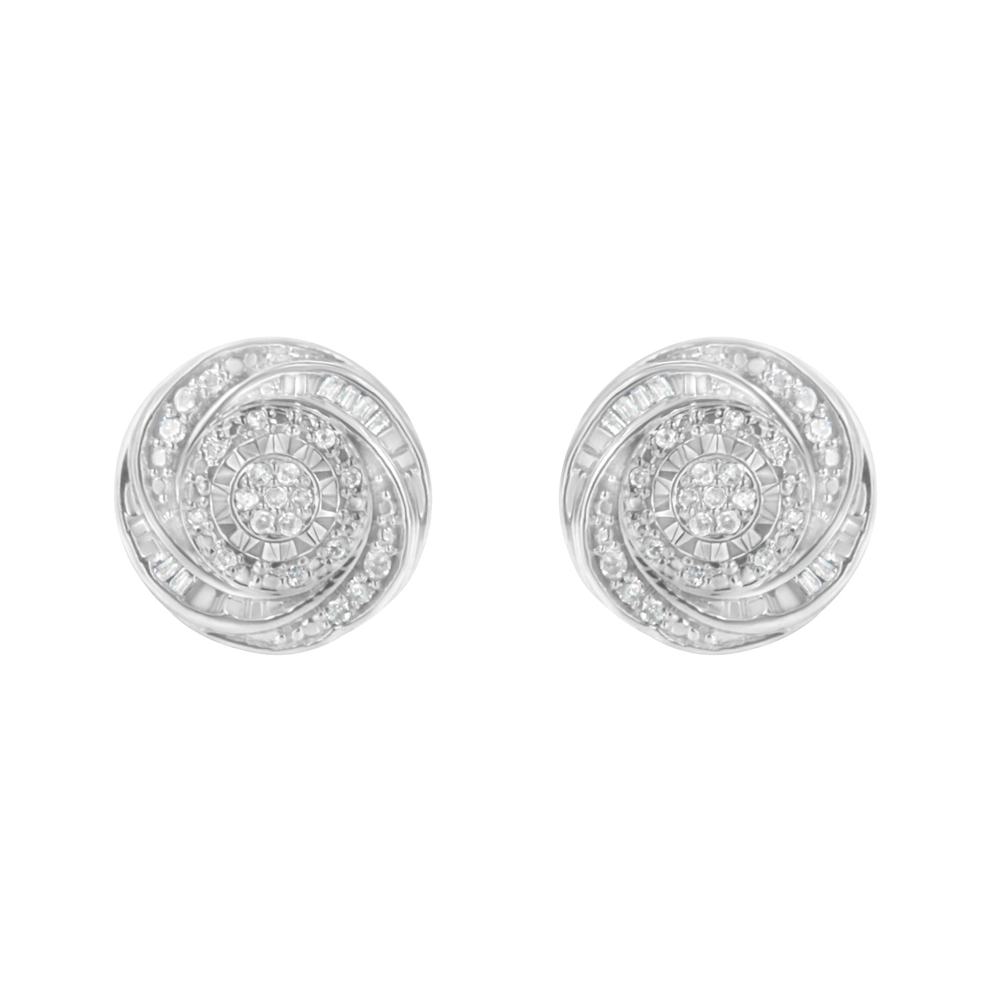 .925 Sterling Silver 1/4 Cttw Baguette and Round Diamond Swirl Love Knot Stud Earrings (I-J Color, I3 Clarity)-2