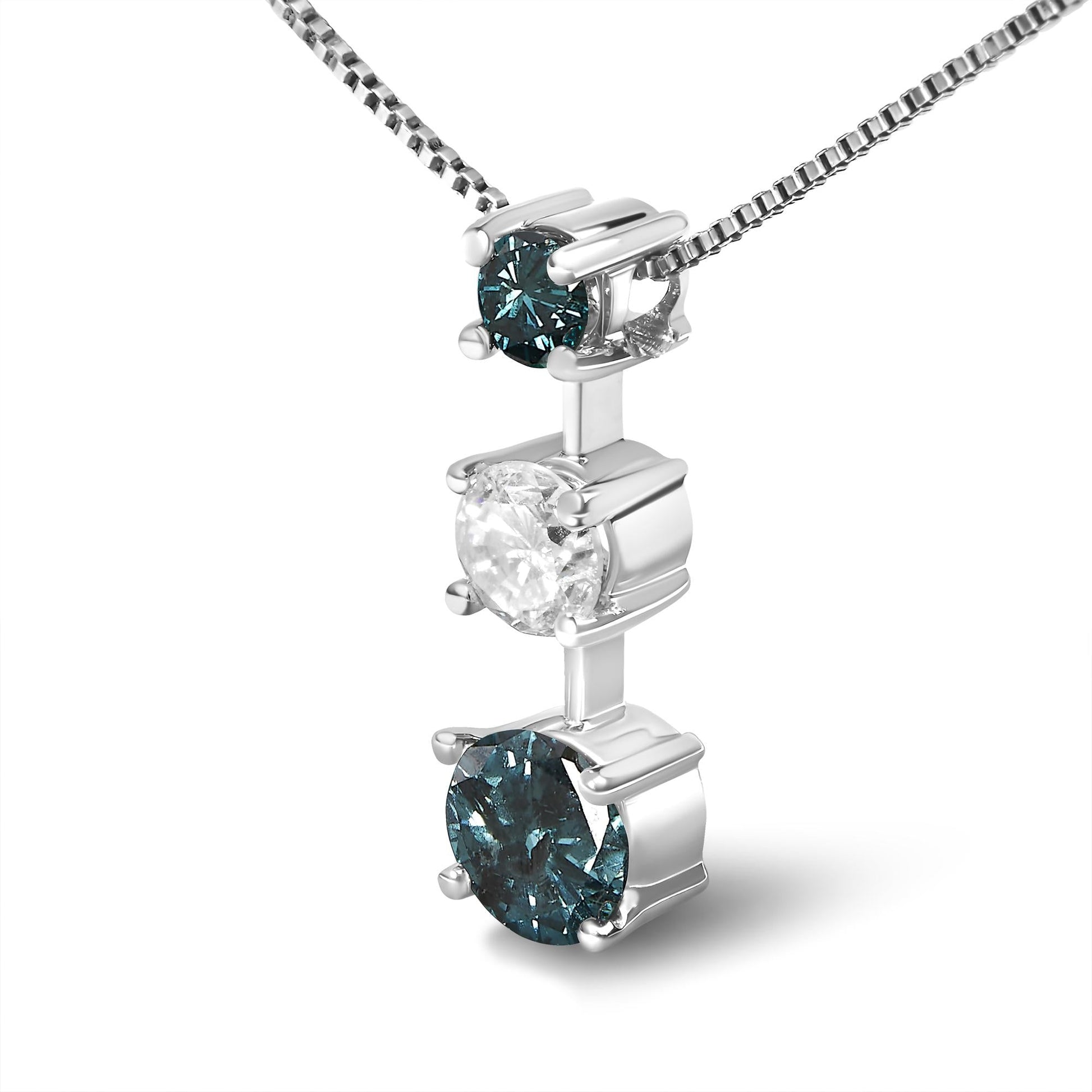 14K White Gold 1 1/2 Cttw Treated Blue and White Diamond 3-Stone 18" Pendant Necklace (Blue/H-I Color, I1-I2 Clarity)-2