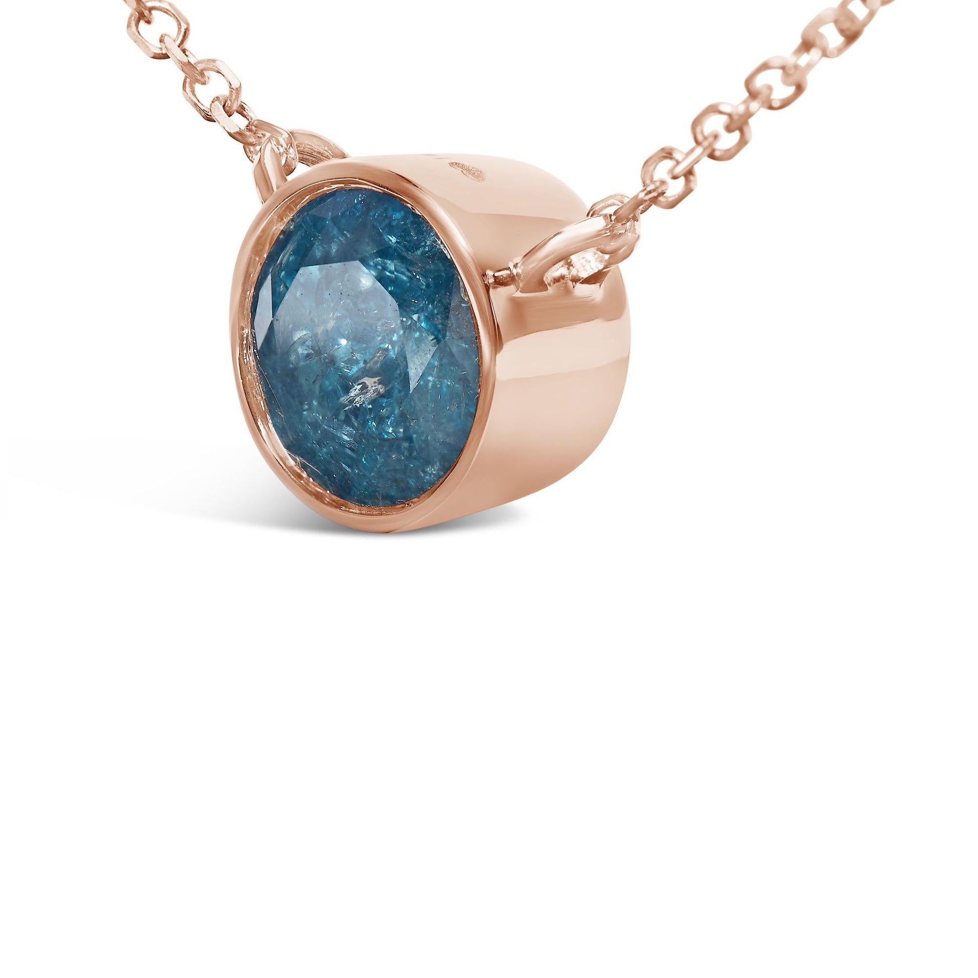 14K Rose Gold 2.0 Cttw Bezel Set Blue Diamond Solitaire Pendant Necklace  - 18" Inches-2