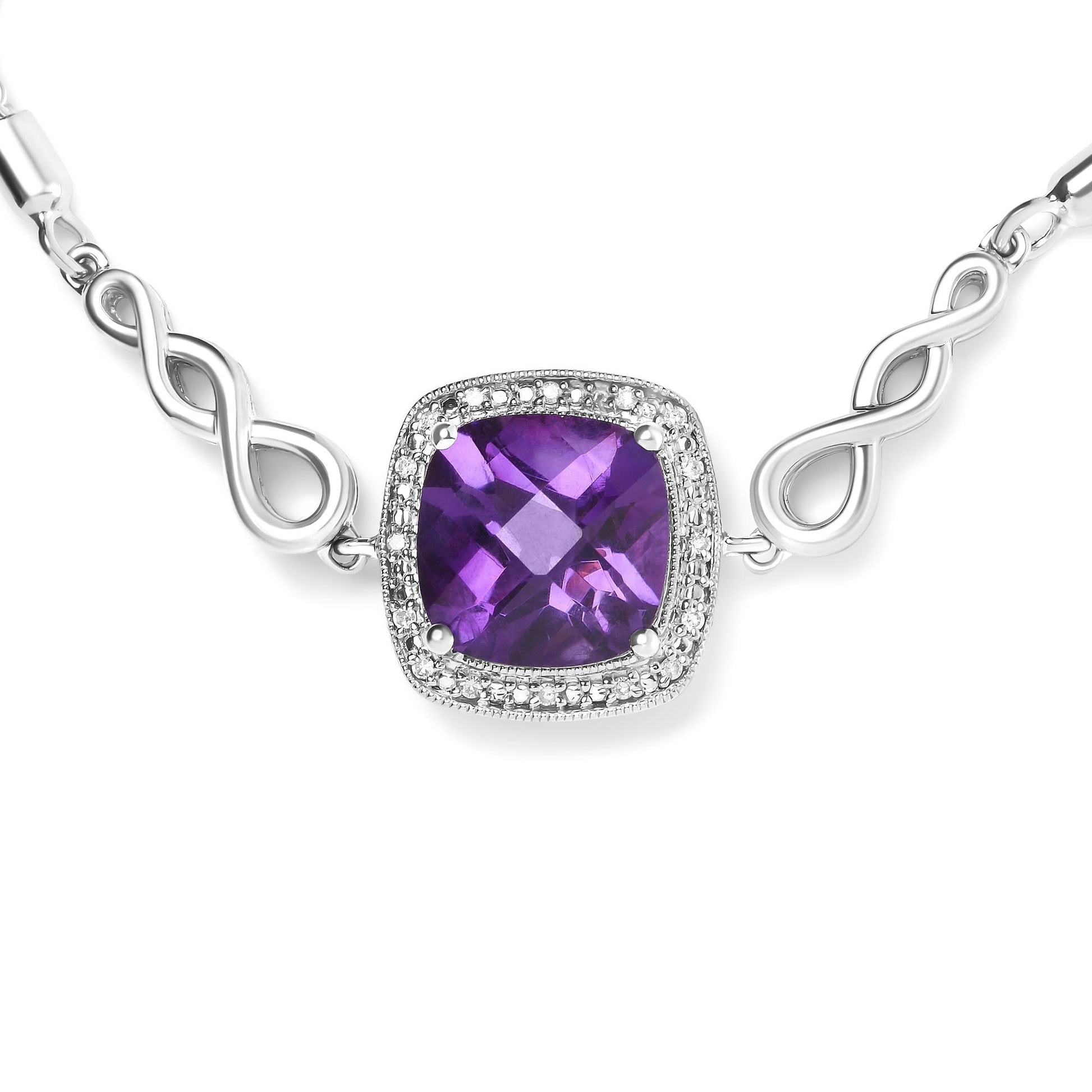 .925 Sterling Silver 10mm Cushion Cut Amethyst Gemstone and Diamond Accent Lariat 4”-10” Adjustable Bolo Bracelet (H-I Color, SI1-SI2 Clarity)-2