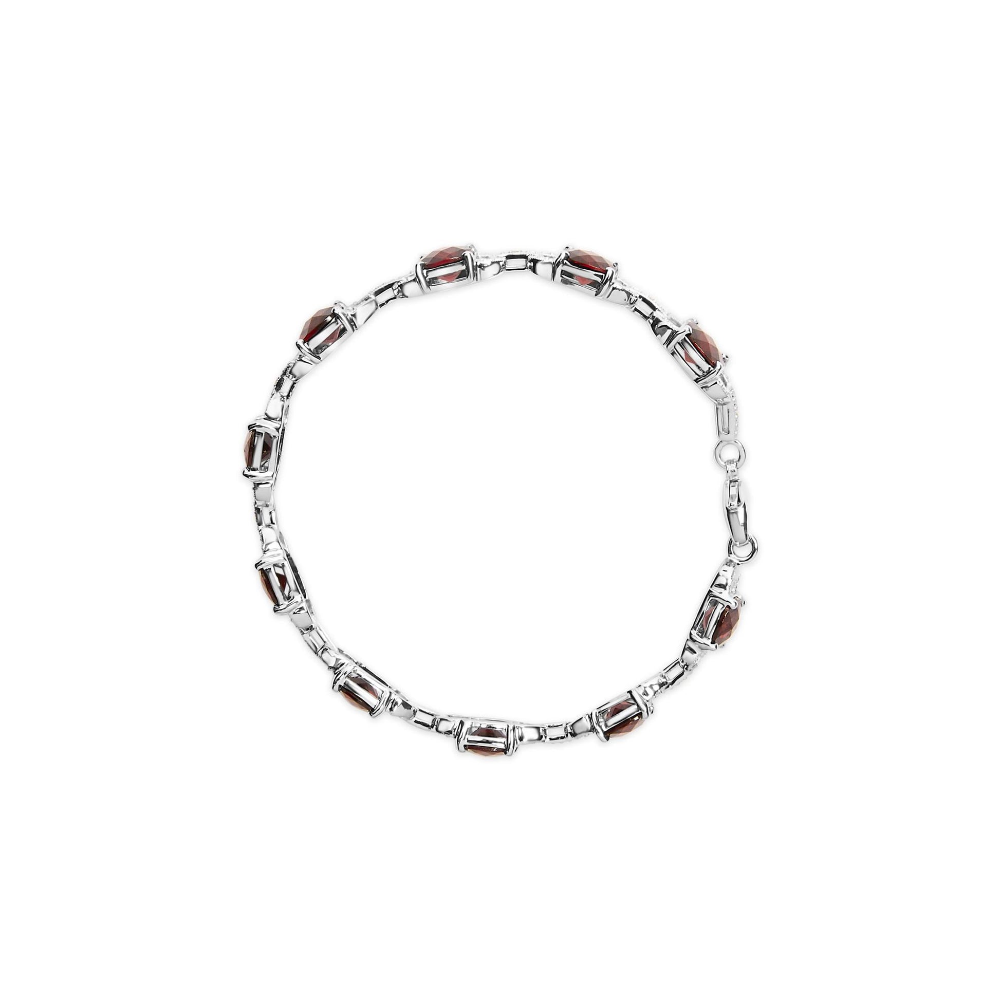 .925 Sterling Silver 7x7mm Checkered Cushion Red Garnet and Diamond Accent Fashion Tennis Link Bracelet (I-J Color, I1-I2 Clarity) - Size 7" Inch-2