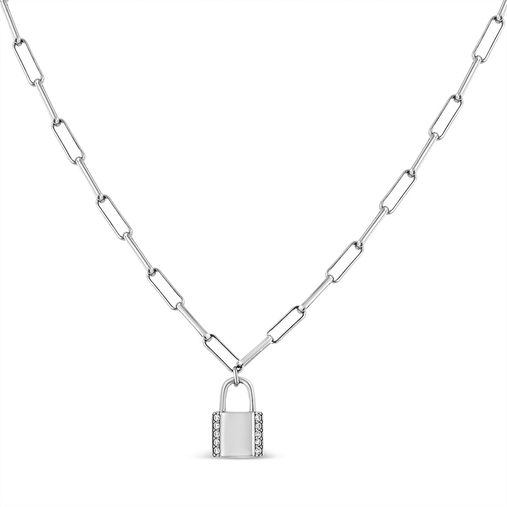 .925 Sterling Silver 1/10 Cttw Round Diamond Lock Pendant Paperclip Chin Necklace (H-I Color, SI1-SI2 Clarity)-2