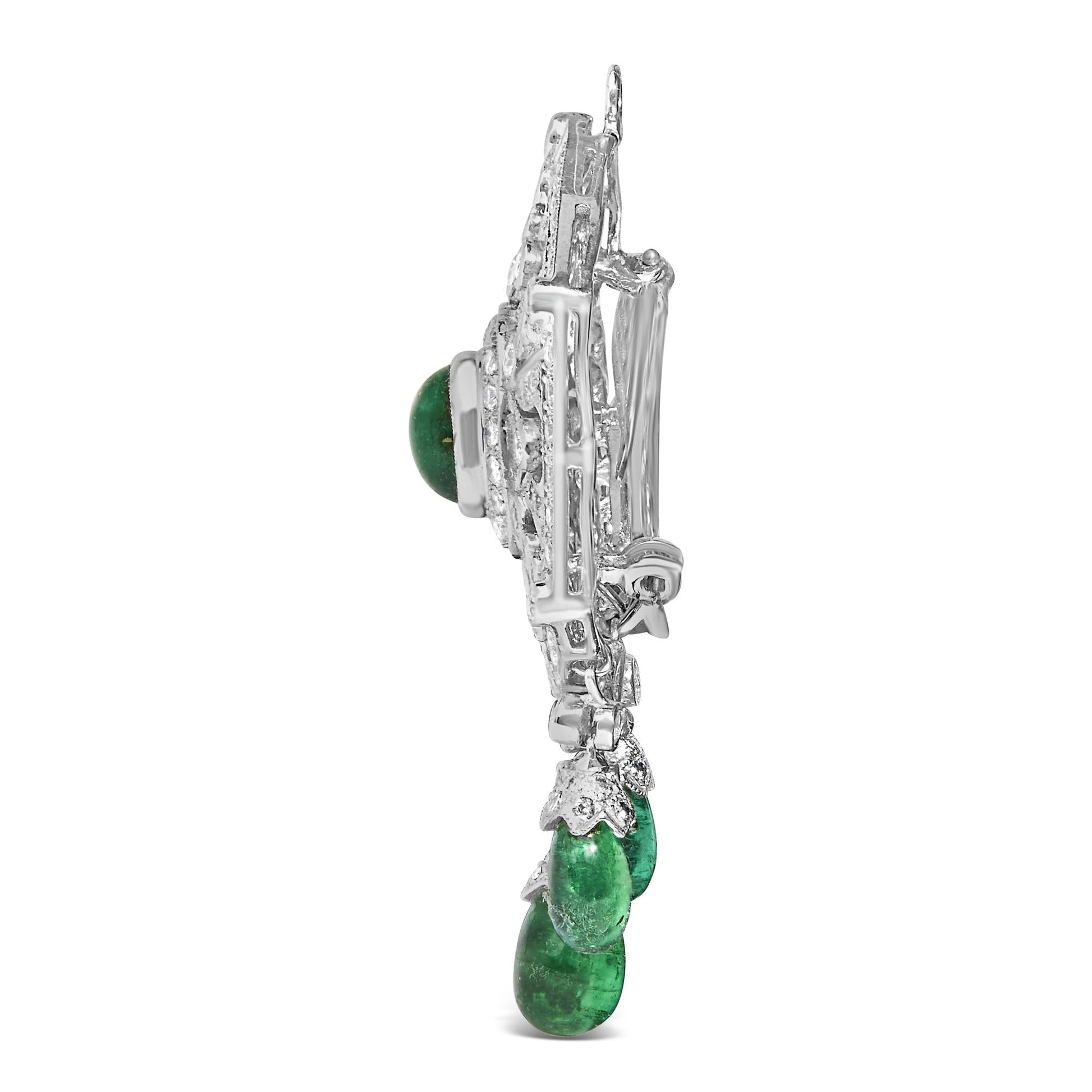 18K 2 3/4 Cttw Diamond and Emerald Dangle Art Deco Shield Brooch Pin Pendant (G-H Color, VS1-VS2 Clarity) CHAIN NOT INCLUDED-2