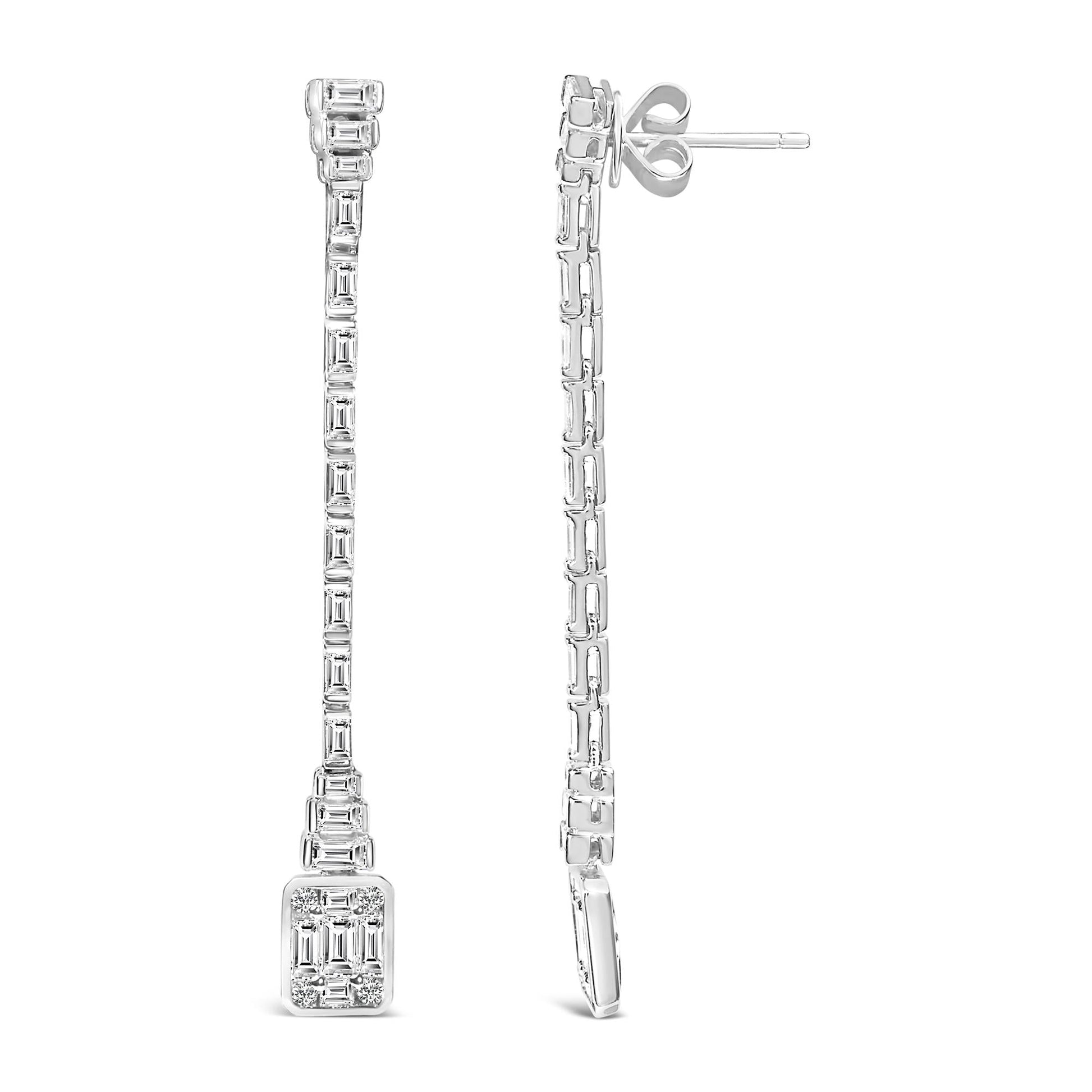 14K White Gold 1 1/2 Cttw Baguette Diamond Composite Mosaic 2" Inch Drop Earrings (E-F Color, VS1-VS2 Clarity)-2