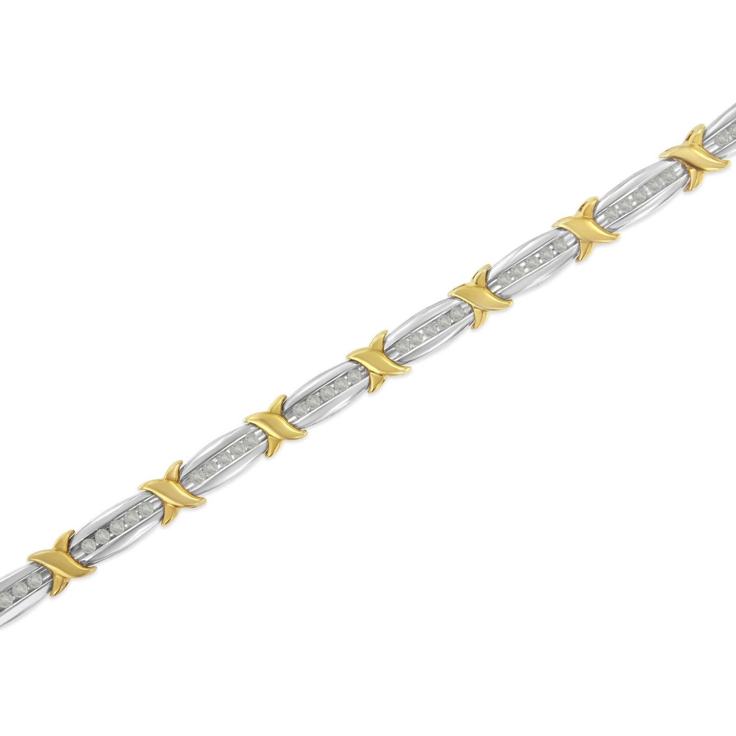 Two-Tone 10K Yellow Gold over .925 Sterling Silver 1.0 Cttw Diamond Channel Set Tapered & X-Link 7" Tennis Bracelet (H-I Color, I2-I3 Clarity)-3