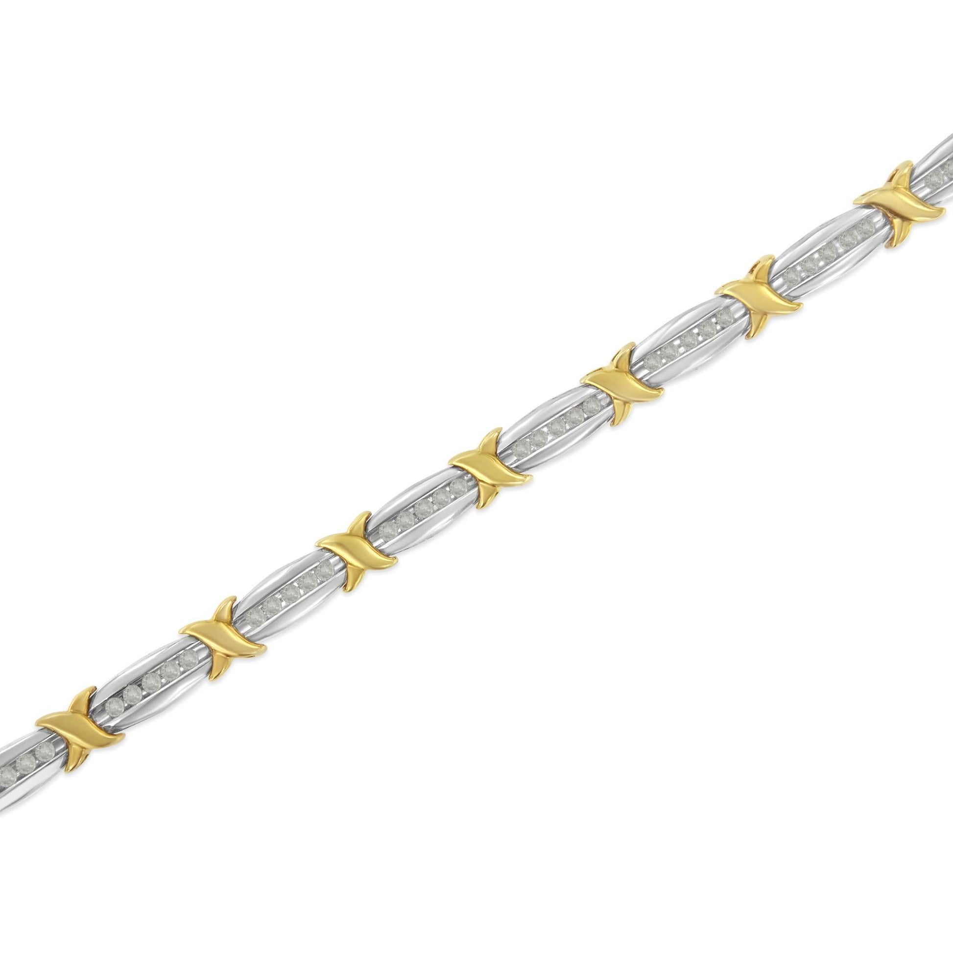 Two-Tone 10K Yellow Gold over .925 Sterling Silver 1.0 Cttw Diamond Channel Set Tapered & X-Link 7" Tennis Bracelet (H-I Color, I2-I3 Clarity)-3