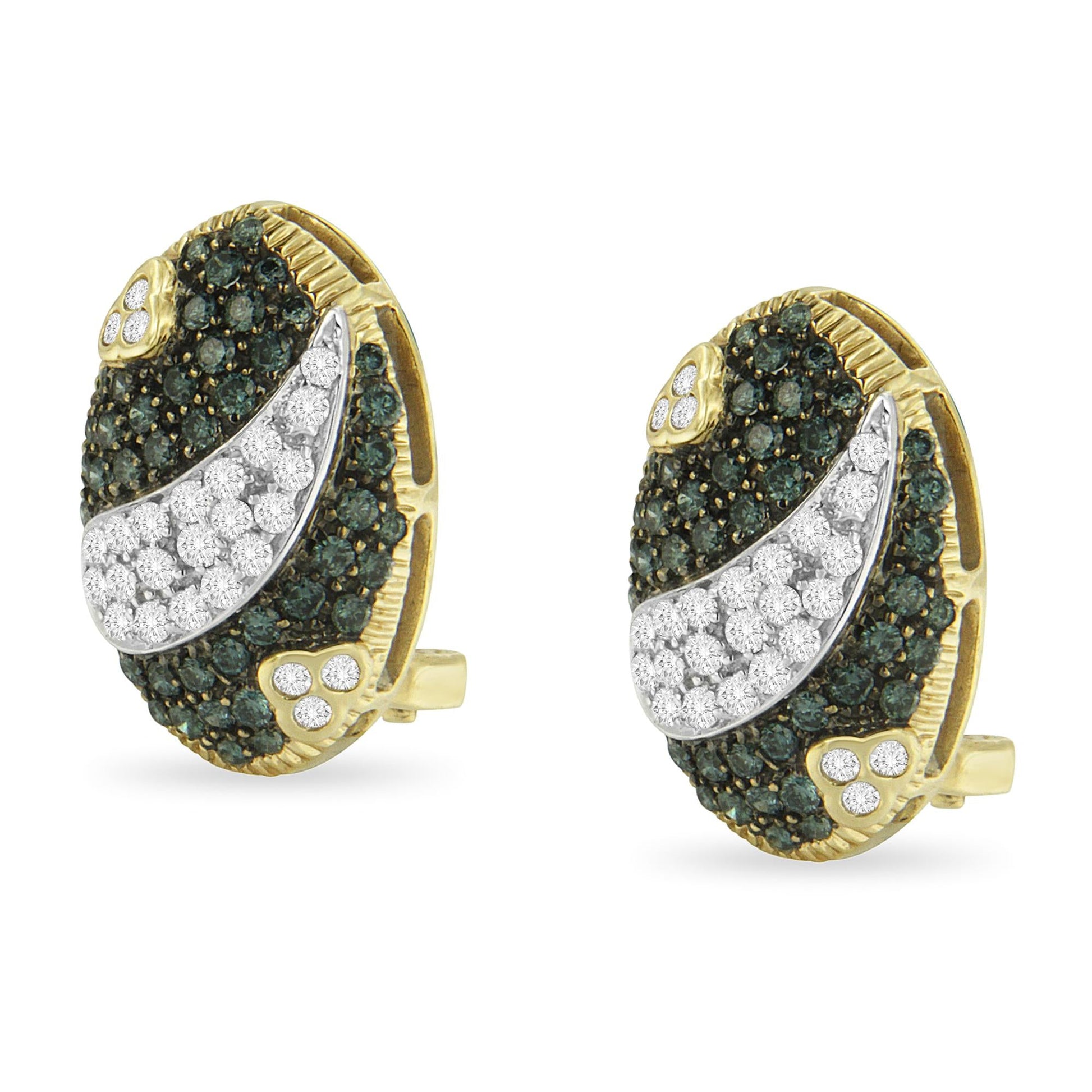 Black and White Rhodium over 14K Yellow Gold 2-1/10 Cttw White and Blue Diamond Oval Omega Back Stud Earrings (H-I and Blue Color, SI1-SI2 Clarity)-3