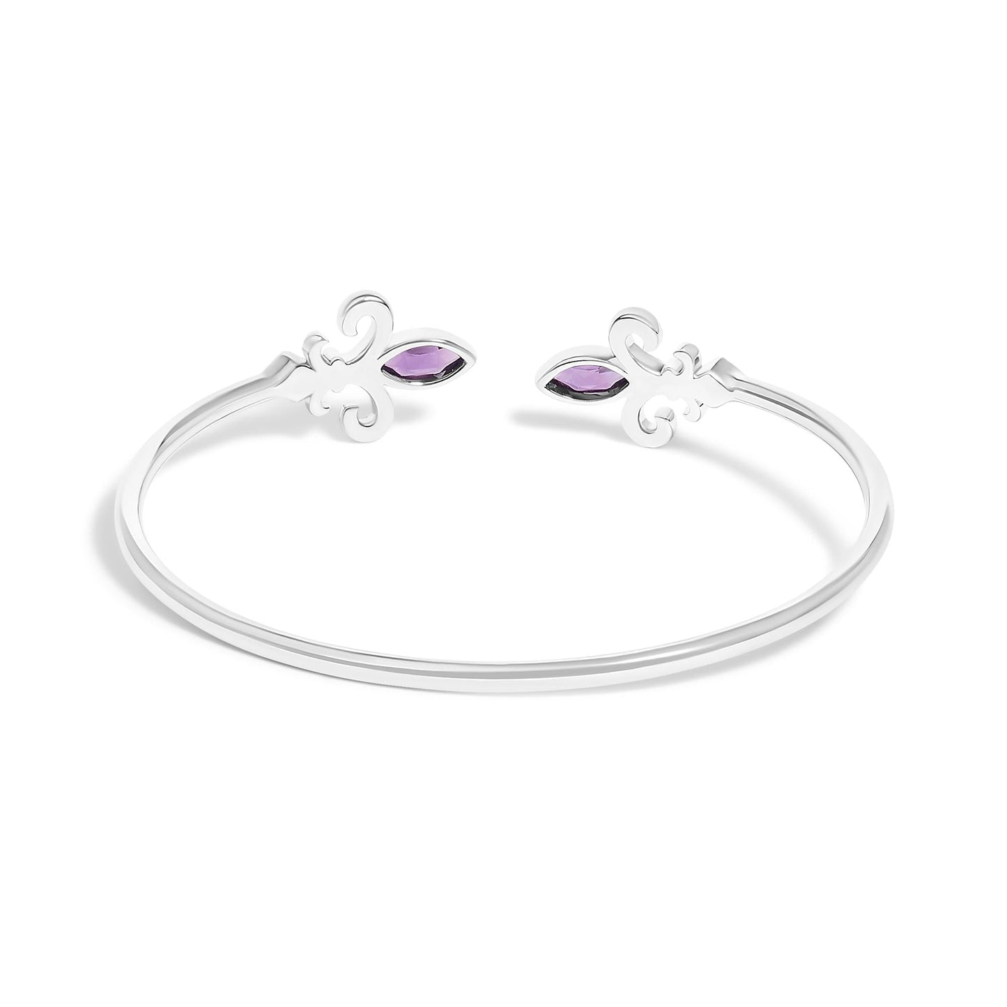.925 Sterling Silver 8X4MM Marquise Purple Amethyst and Diamond Accent Fleur Di Lis Open Cuff Bangle (I-J Color, I1-I2 Clarity) - 7"-3