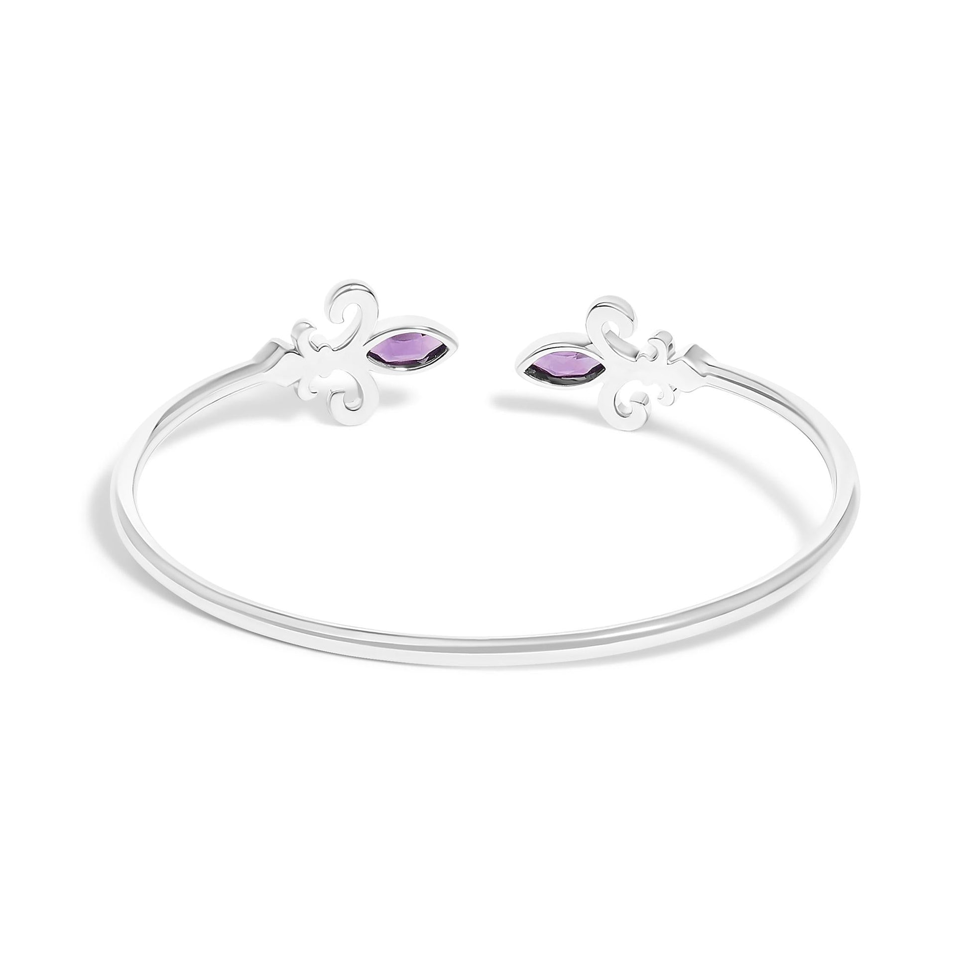 .925 Sterling Silver 8X4MM Marquise Purple Amethyst and Diamond Accent Fleur Di Lis Open Cuff Bangle (I-J Color, I1-I2 Clarity) - 7"-3
