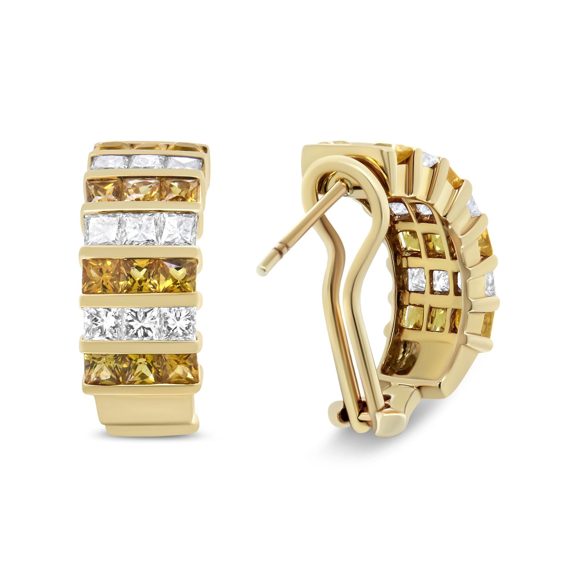 18K Yellow Gold 1 3/4 Cttw Invisible Set Princess Cut Diamond and 2.5mm Yellow Sapphire Huggie Hoop Earrings (F-G Color, VS1-VS2 Clarity)-3