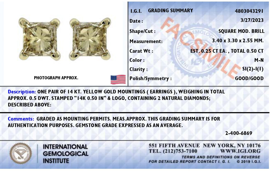 IGI Certified 14k Yellow Gold 1/2 cttw 4-Prong Set Princess-Cut Solitaire Diamond Push Back Stud Earrings (M-N Color, SI2-I1 Clarity)-4
