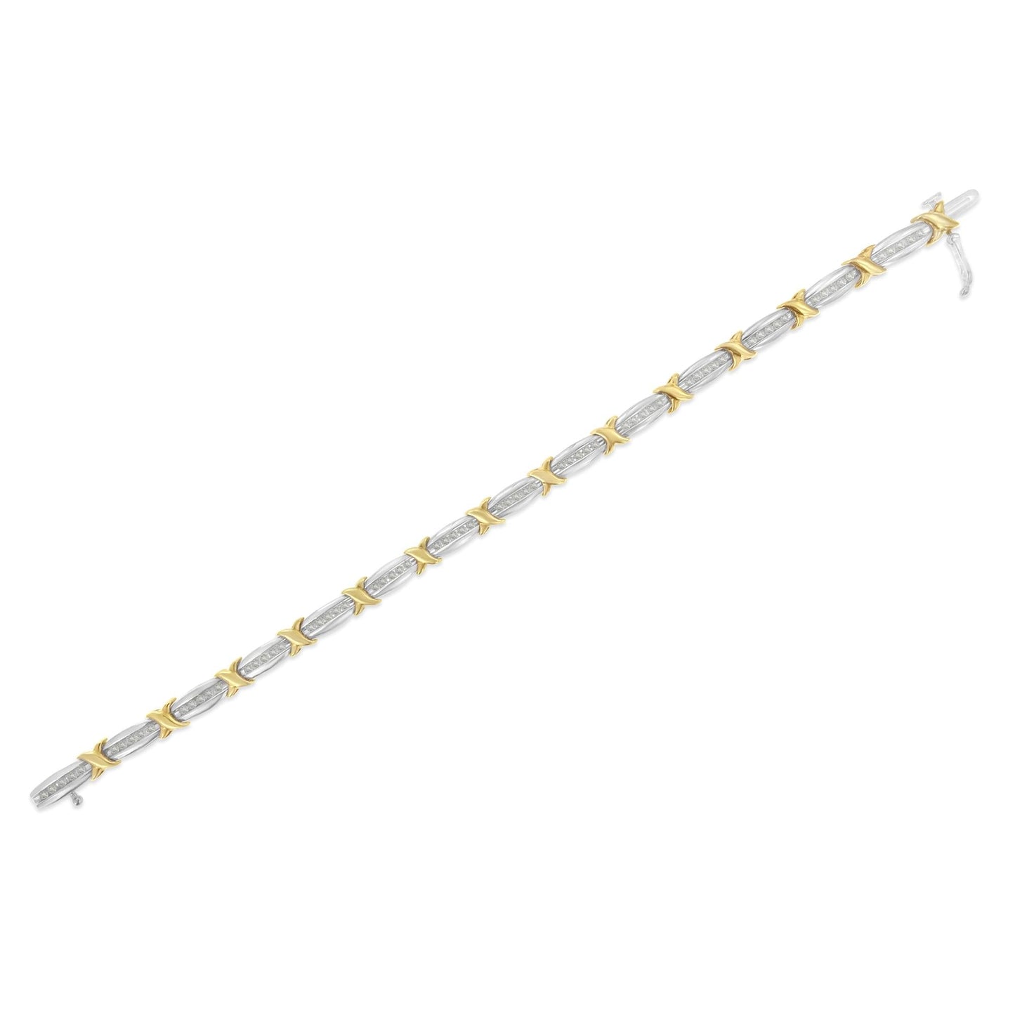 Two-Tone 10K Yellow Gold over .925 Sterling Silver 1.0 Cttw Diamond Channel Set Tapered & X-Link 7" Tennis Bracelet (H-I Color, I2-I3 Clarity)-4