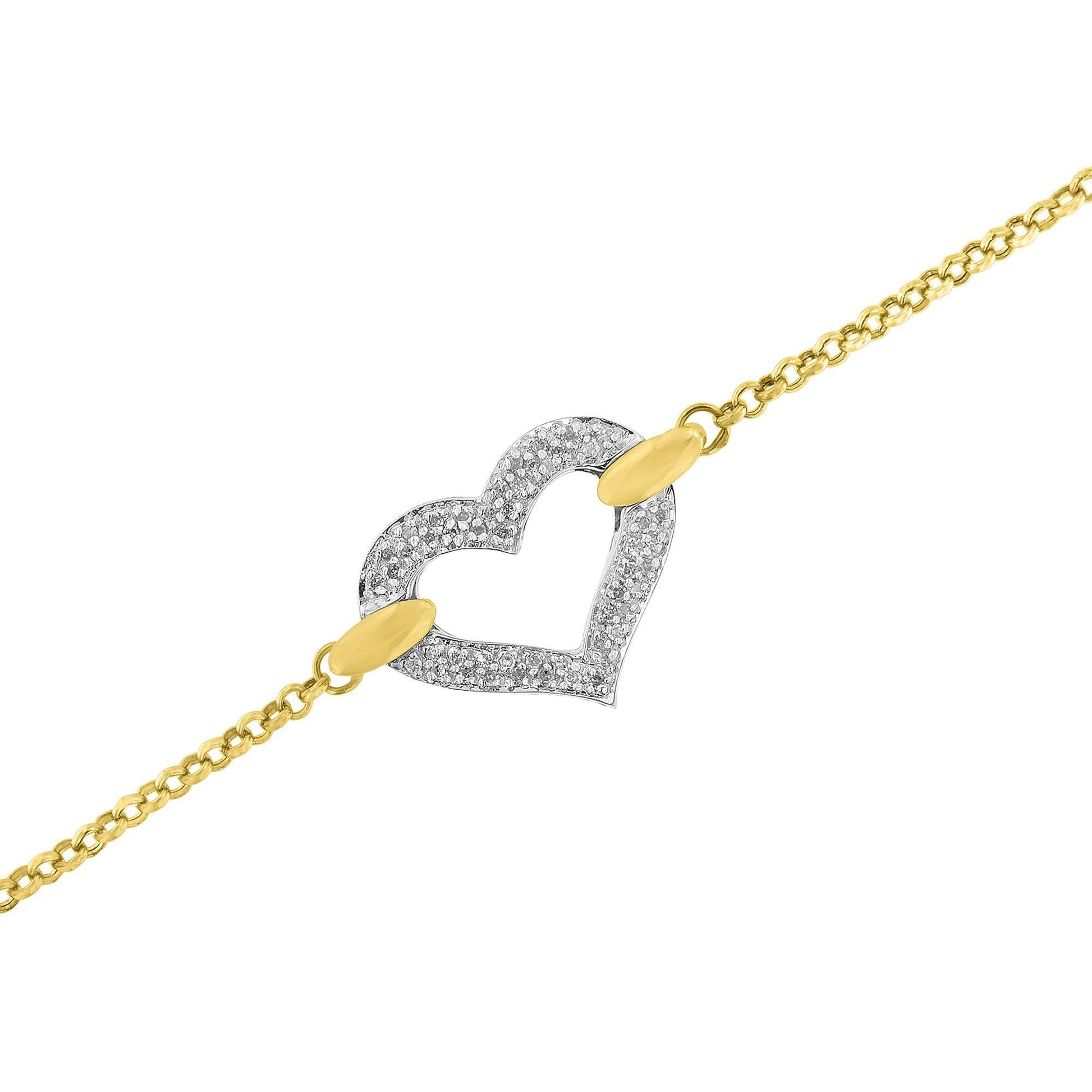 10K Two Tone Gold 1/4 Cttw Diamond Encrusted Heart Charm 7" Bracelet (H-I Color, I1-I2 Clarity)-4