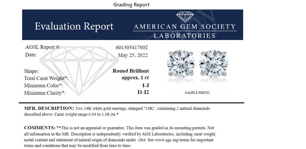 AGS Certified 14K White Gold 1.0 Cttw 4-Prong Set Brilliant Round-Cut Solitaire Diamond Push Back Stud Earrings (I-J Color, I1-I2 Clarity)-3