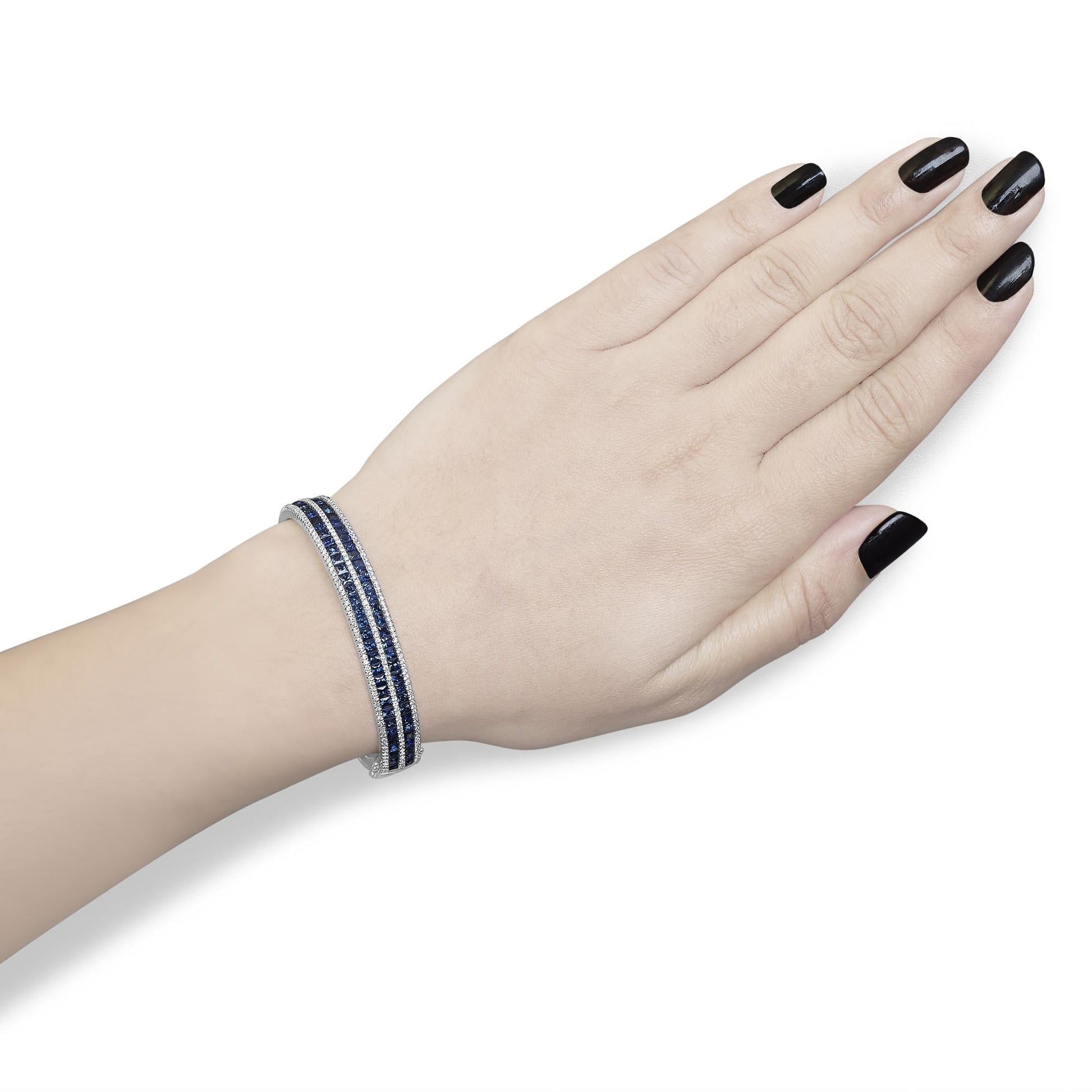 18K White Gold Alternating Diamond and 8.00 Cttw Princess Cut Blue Sapphire Multi Row Bangle Bracelet (G-H Color, VS1-VS2 Clarity) - 7" Inches-3