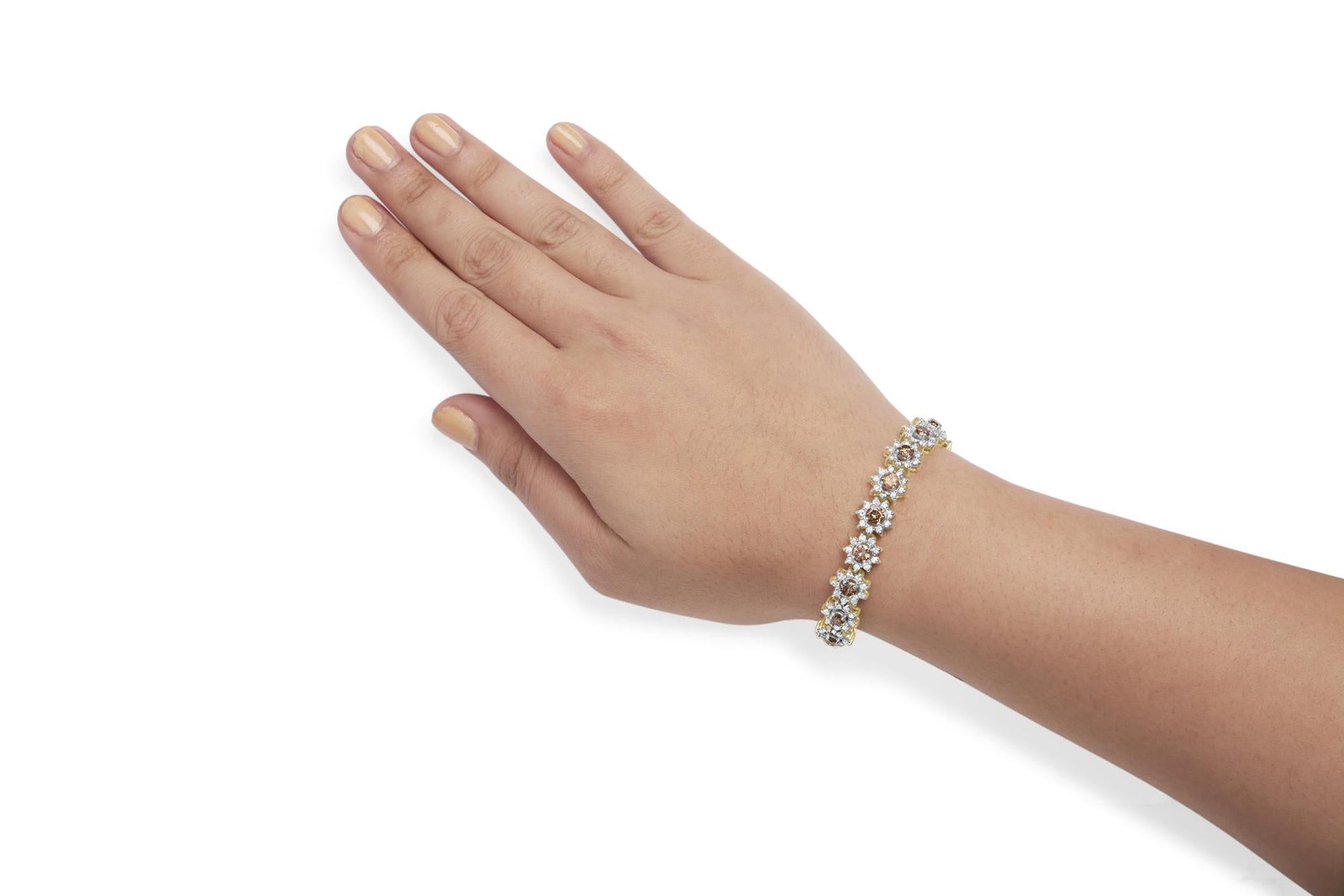 14K Yellow Gold 8.00 Cttw Champagne Diamond Floral Cluster Halo Link Bracelet (H-I Color, I1-I2 Clarity)-4