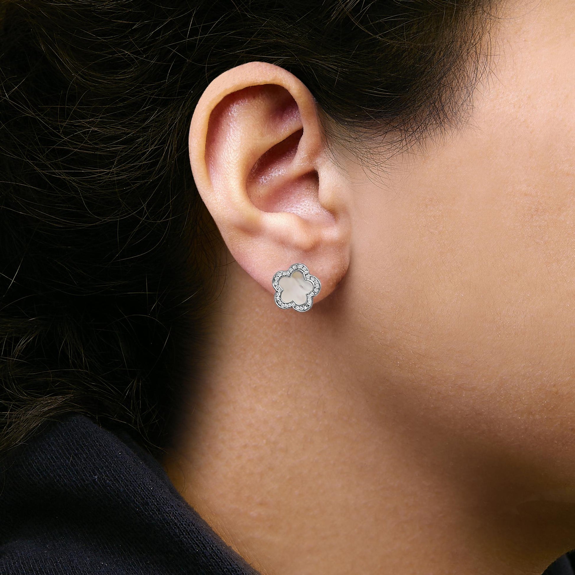 14K White Gold Mother of Pearl and 1/5 Cttw Diamond Halo Star Stud Earrings-3