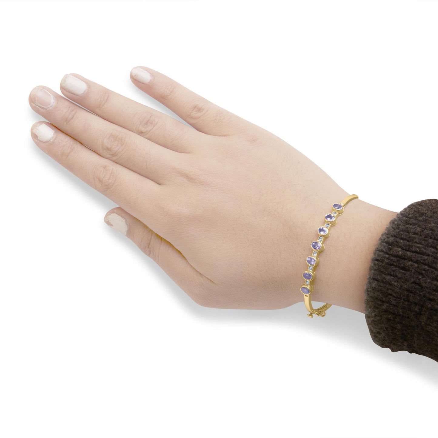 14K Yellow Gold Alternating Bezel Set 5MM Oval Shaped Tanzanite and 1/5 Cttw Diamond Bangle Bracelet (H-I Color, VS2-SI1 Clarity) - Fit's wrists up to 7.25" Inches-3