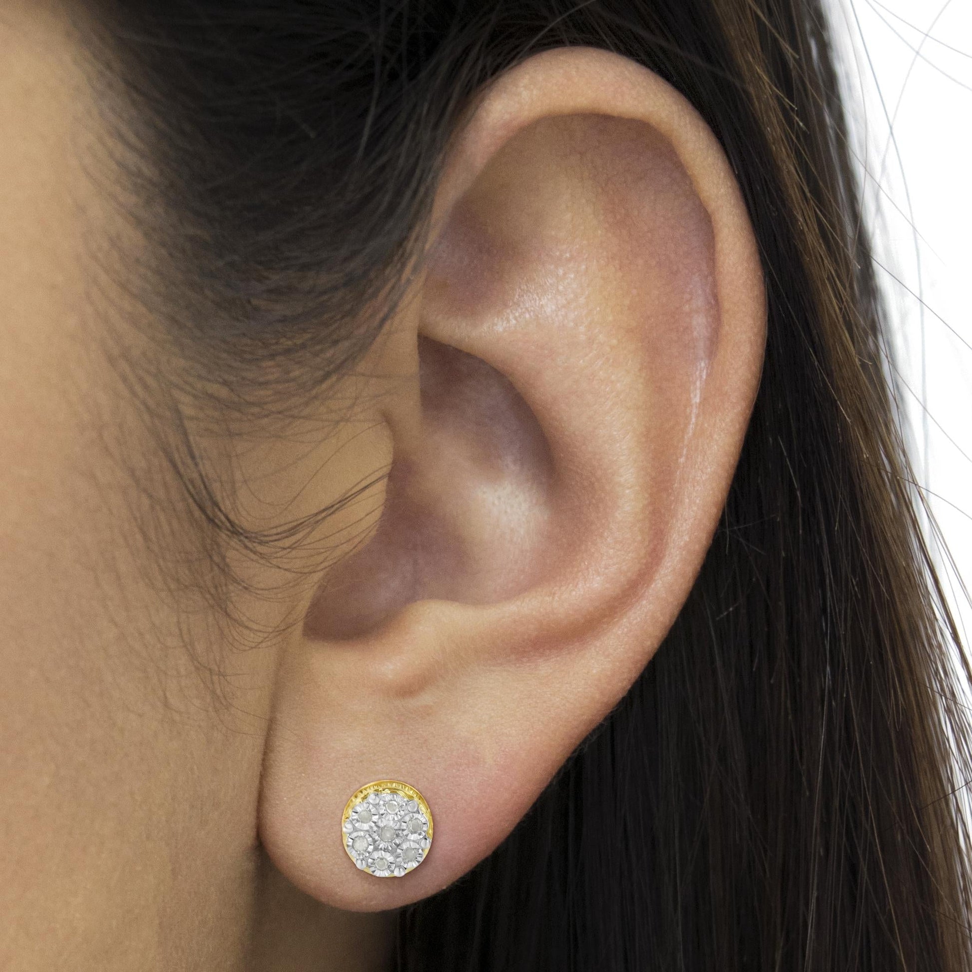 10K Yellow Gold over .925 Sterling Silver 1/7 Cttw Rose-Cut Miracle-Set Diamond Floral Cluster Button Stud Earrings (I-J Color, I3 Clarity)-3