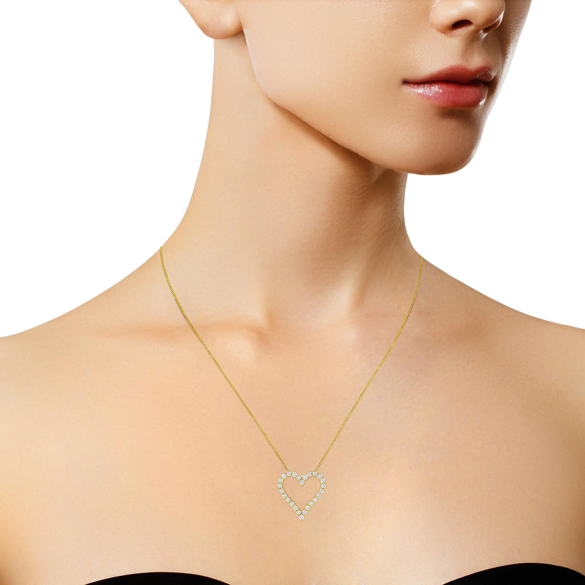 14K Yellow Gold Plated .925 Sterling Silver 2.00 Cttw Shared Prong-Set Round Brilliant-Cut Diamond Open Heart 18" Pendant Necklace (K-L Color, I2-I3 Clarity)-3