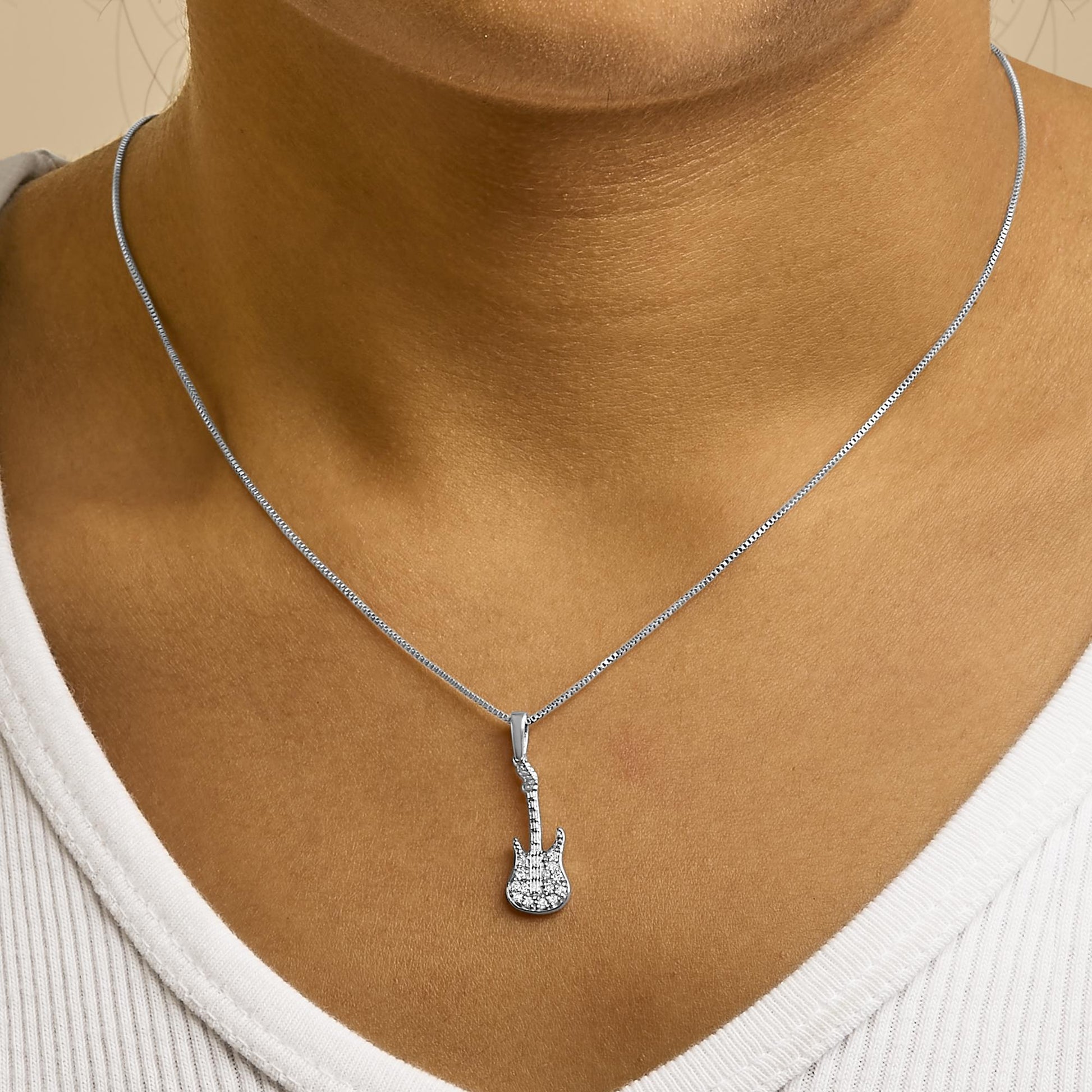 .925 Sterling Silver 1/10 Cttw Diamond Studded Guitar Pendant Necklace (I-J Color, I2-I3 Clarity) - 18" Inches-3