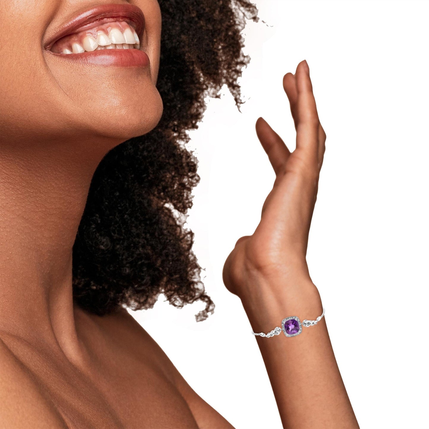 .925 Sterling Silver 10mm Cushion Cut Amethyst Gemstone and Diamond Accent Lariat 4”-10” Adjustable Bolo Bracelet (H-I Color, SI1-SI2 Clarity)-3
