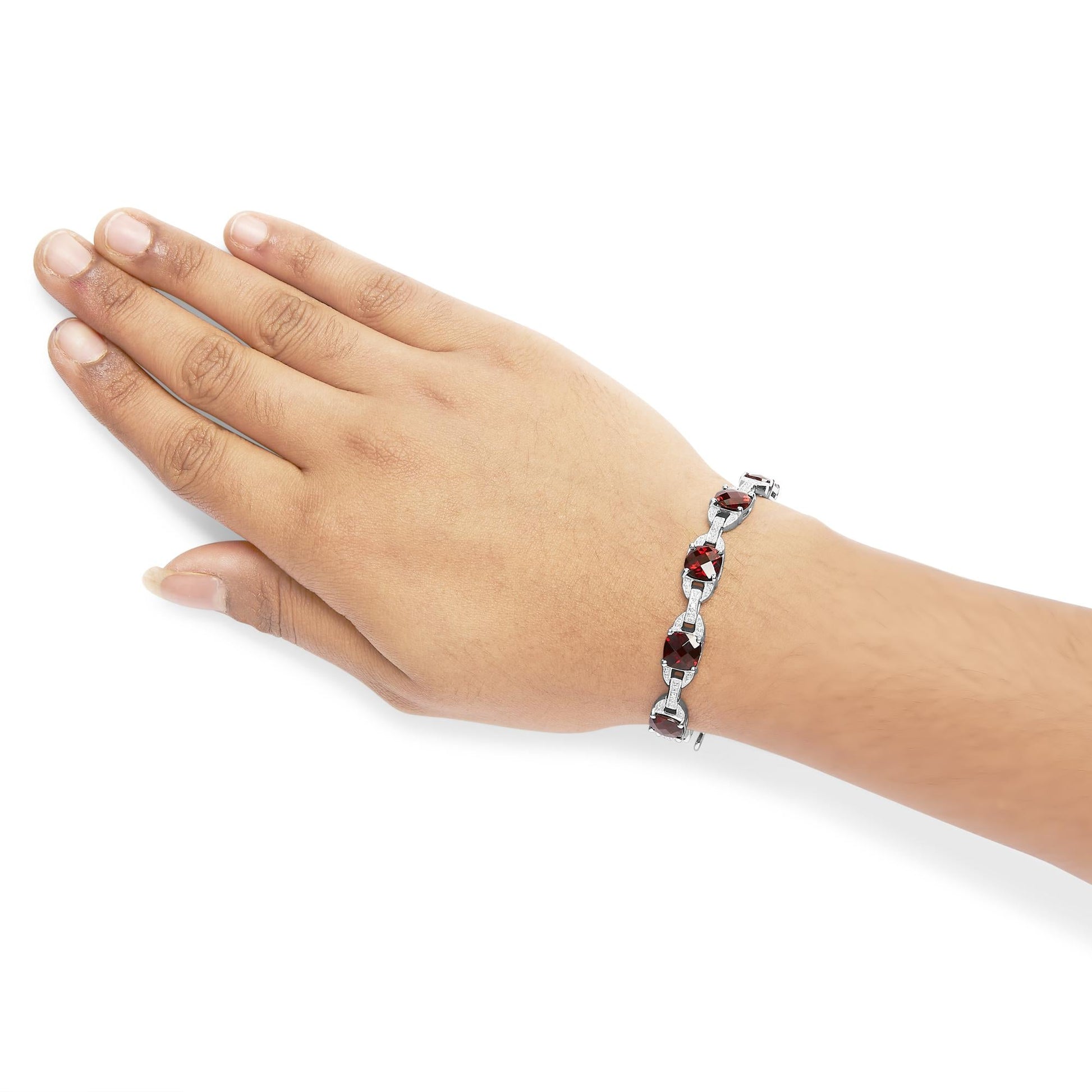 .925 Sterling Silver 7x7mm Checkered Cushion Red Garnet and Diamond Accent Fashion Tennis Link Bracelet (I-J Color, I1-I2 Clarity) - Size 7" Inch-3