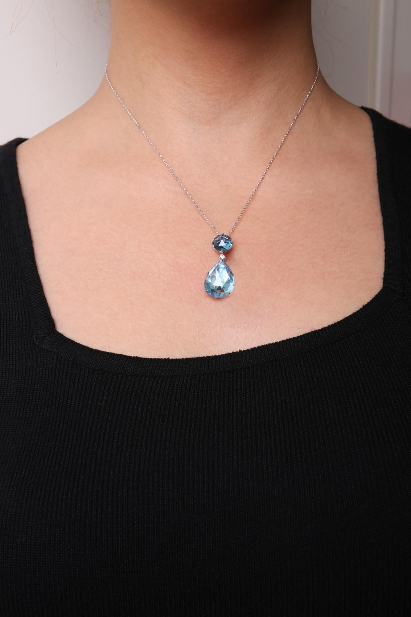 18K White Gold Diamond Accent and Round London Blue Topaz and Pear Cut Sky Blue Topaz Dangle Drop 18" Pendant Necklace (G-H Color, SI1-SI2 Clarity)-3