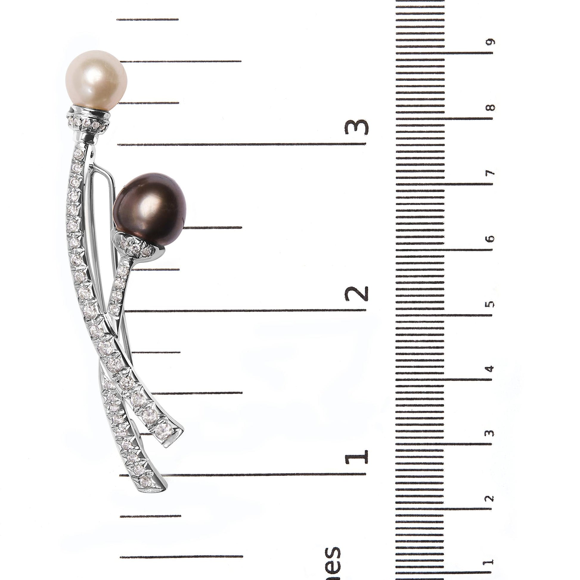 18K White Gold 3/5 Cttw Diamond and Cultured South Sea Black and White Pearl Brooch Pin (H-I Color, VS1-VS2 Clarity)-4