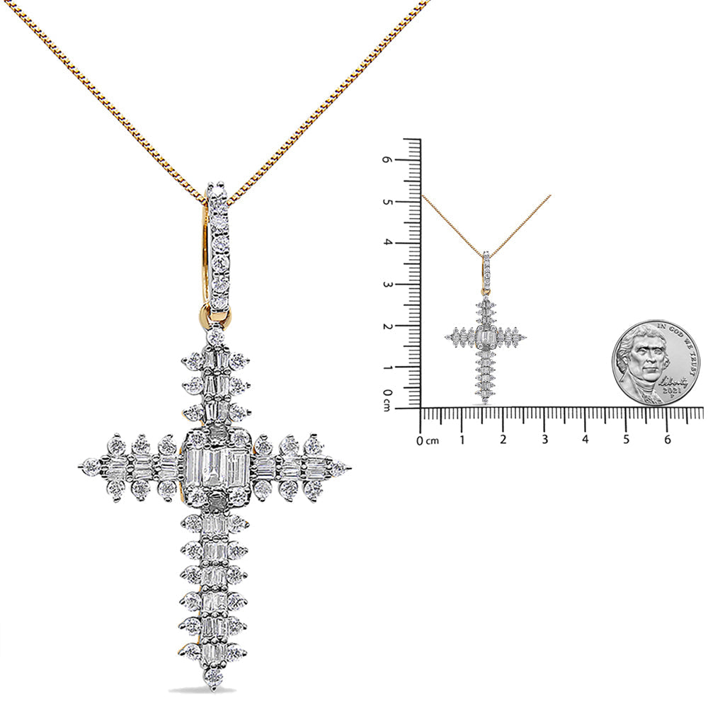 10K Yellow Gold 7/8 Cttw Round & Baguette Diamond Zigzag Pattern Cross Pendant Necklace (H-I Color, SI2-I1 Clarity) - NO CHAIN INCLUDED-3