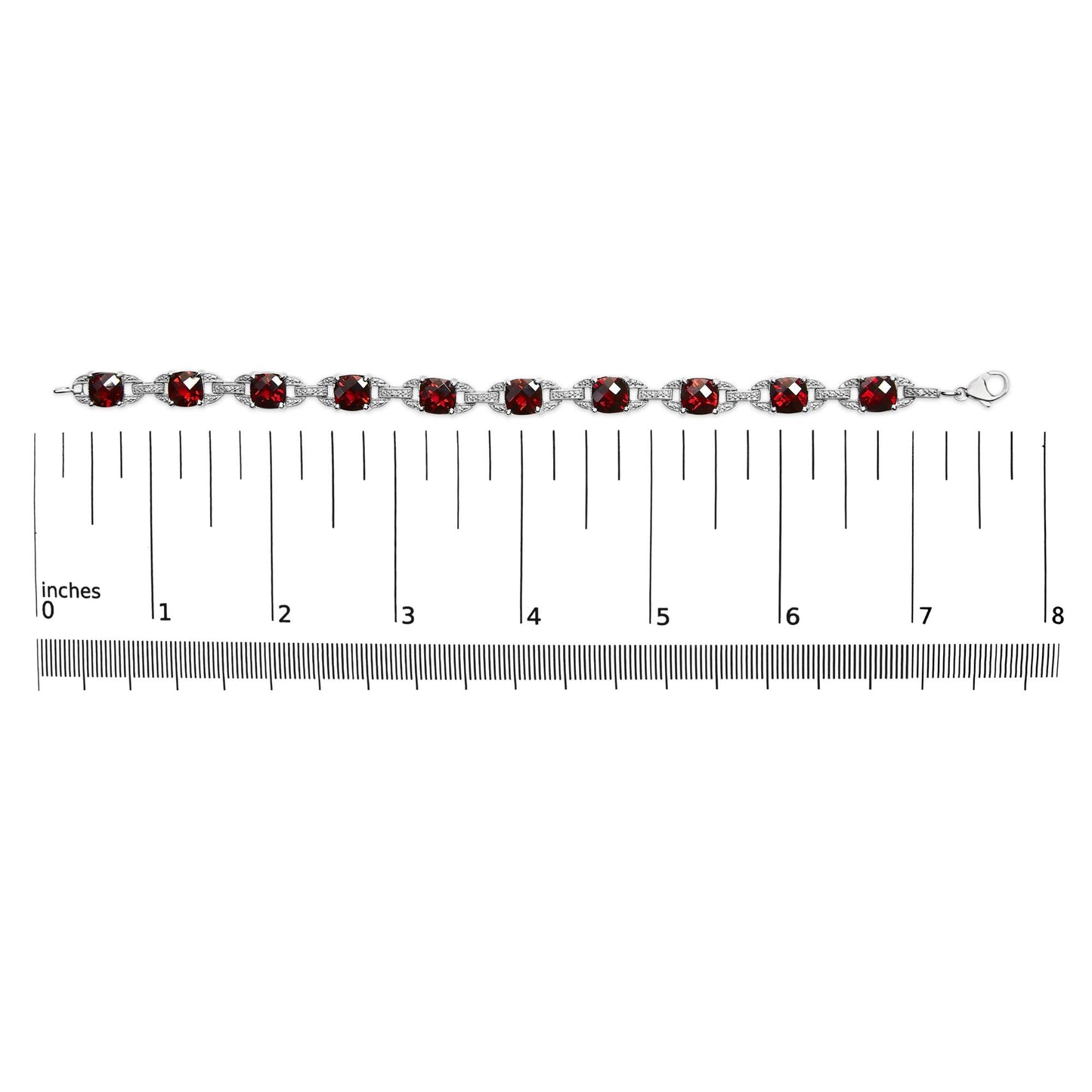 .925 Sterling Silver 7x7mm Checkered Cushion Red Garnet and Diamond Accent Fashion Tennis Link Bracelet (I-J Color, I1-I2 Clarity) - Size 7" Inch-4