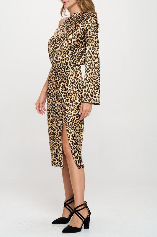 Leopard Print One Shoulder Long Sleeve Dress