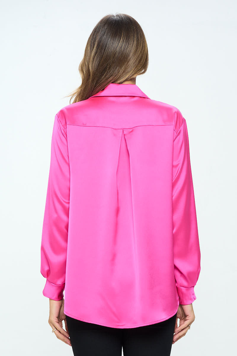 Stretch Satin V neck Blouse with Collar-3