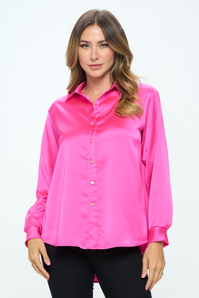 Stretch Satin V neck Blouse with Collar-0