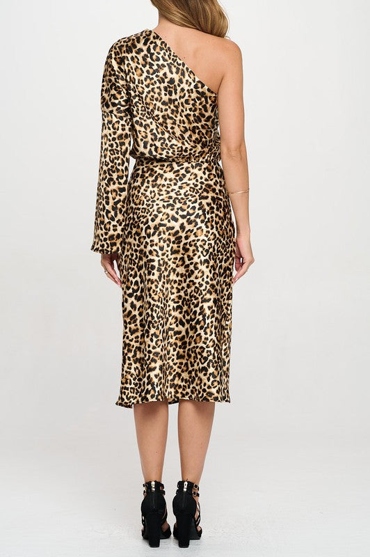 Leopard Print One Shoulder Long Sleeve Dress