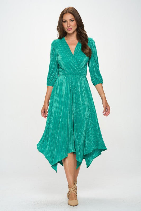 Plisse V neck Dress with Asymmetrical Hem-2