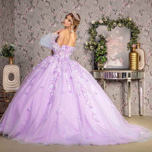 Jewel Sheer Bodice Mesh Ball Gown w/ Long Trumpet Sleeves